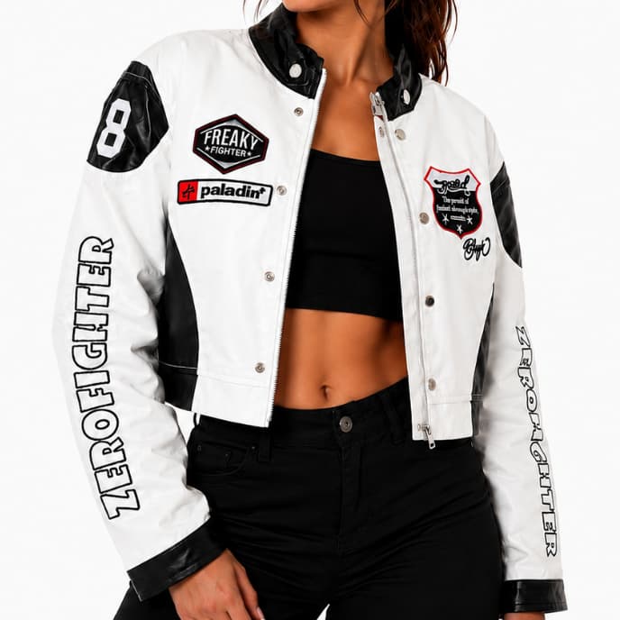 Jaqueta Bomber Cropped de Couro Feminina Motoqueira
