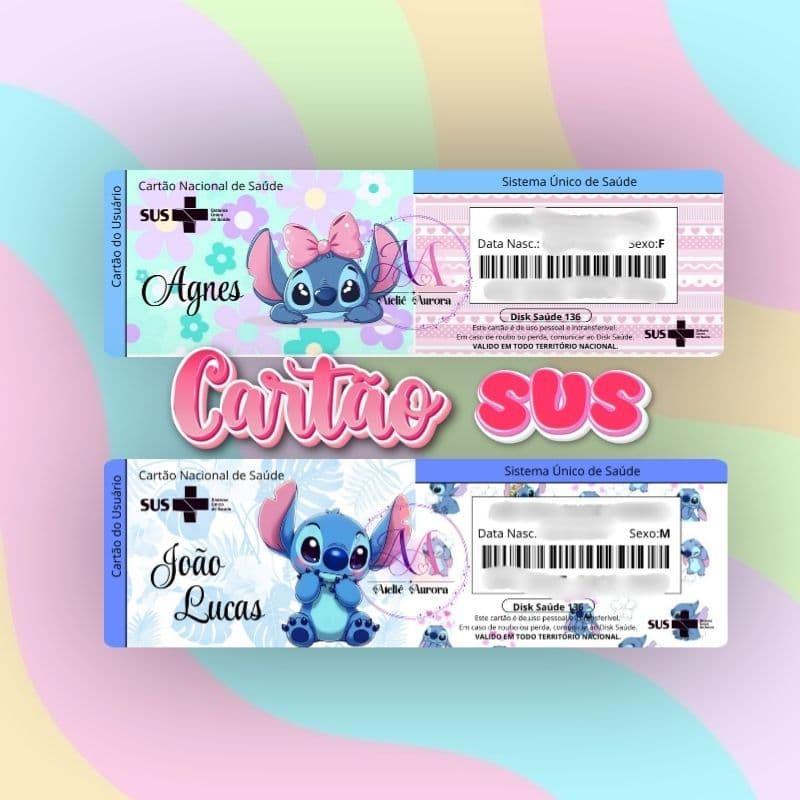 CARTÃO STITCH PERSONALIZADO SUS MENINO E MENINA