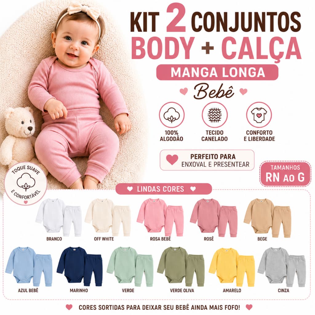 Kit 4 peças conjunto body e calça mijão bebê canelado premium masculino feminino