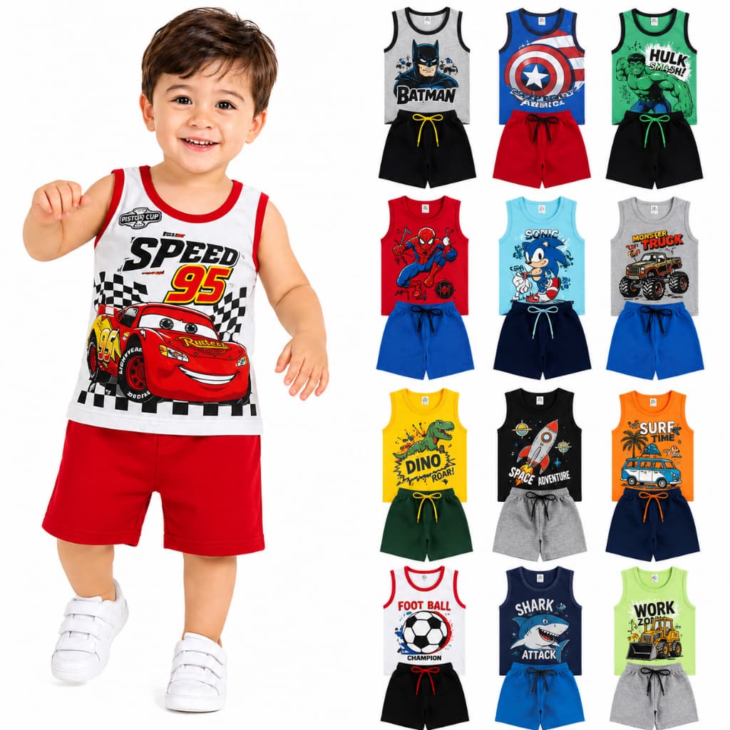 Kit 6 Peças Regata + Bermuda Infantil Menino Verão