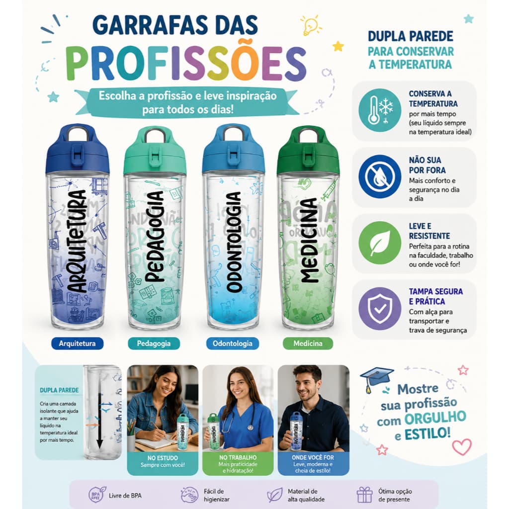 Garrafa Profissões Dupla Parede Conserva Temperatura Livre BPA Faculdade Academia Trabalho 70 Brindes Presente Formatura