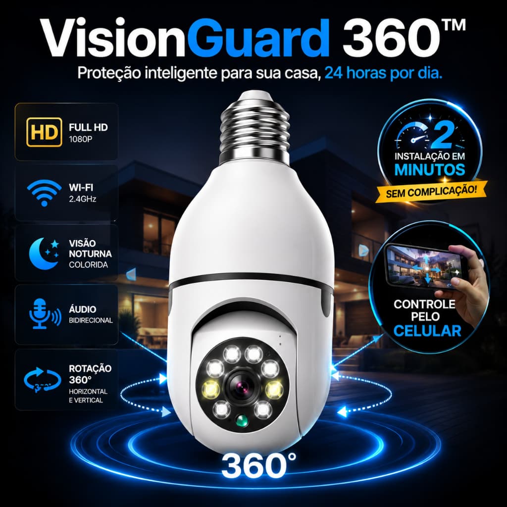 Câmera de Segurança Lâmpada Wi-Fi 360° Full HD 1080P Visão Noturna Colorida Áudio Bidirecional Detecção