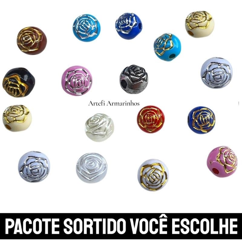 Missanga para terço Bola c/ Rosas 500 / 250 / 110 unidades Flor Relevo Metalizada Passante