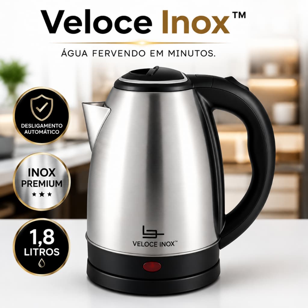 Chaleira Elétrica Inox 1,8L 220V Veloce Inox™ Base 360° Desligamento Automático Aquecimento Rápido