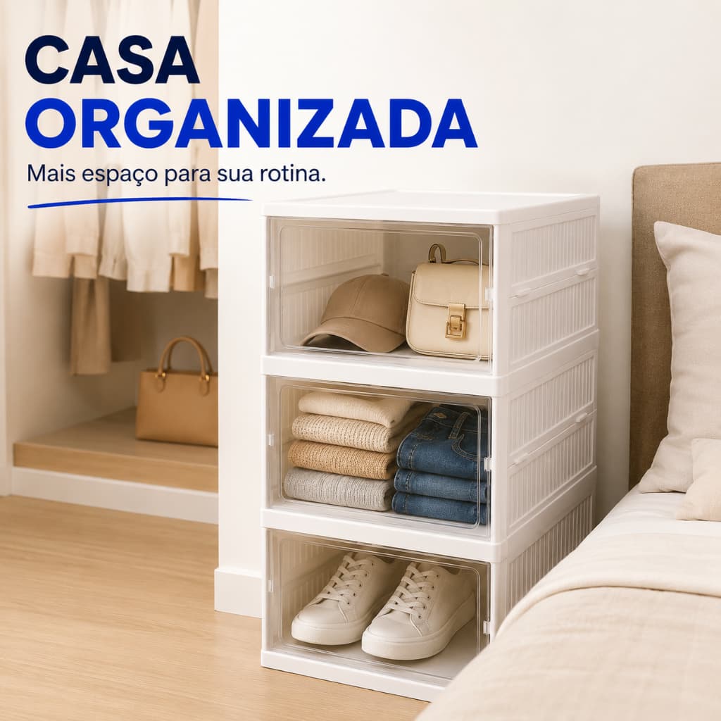 Armário Dobrável Multiuso Branco Organizador 3 Compartimentos Sapateira Vertical