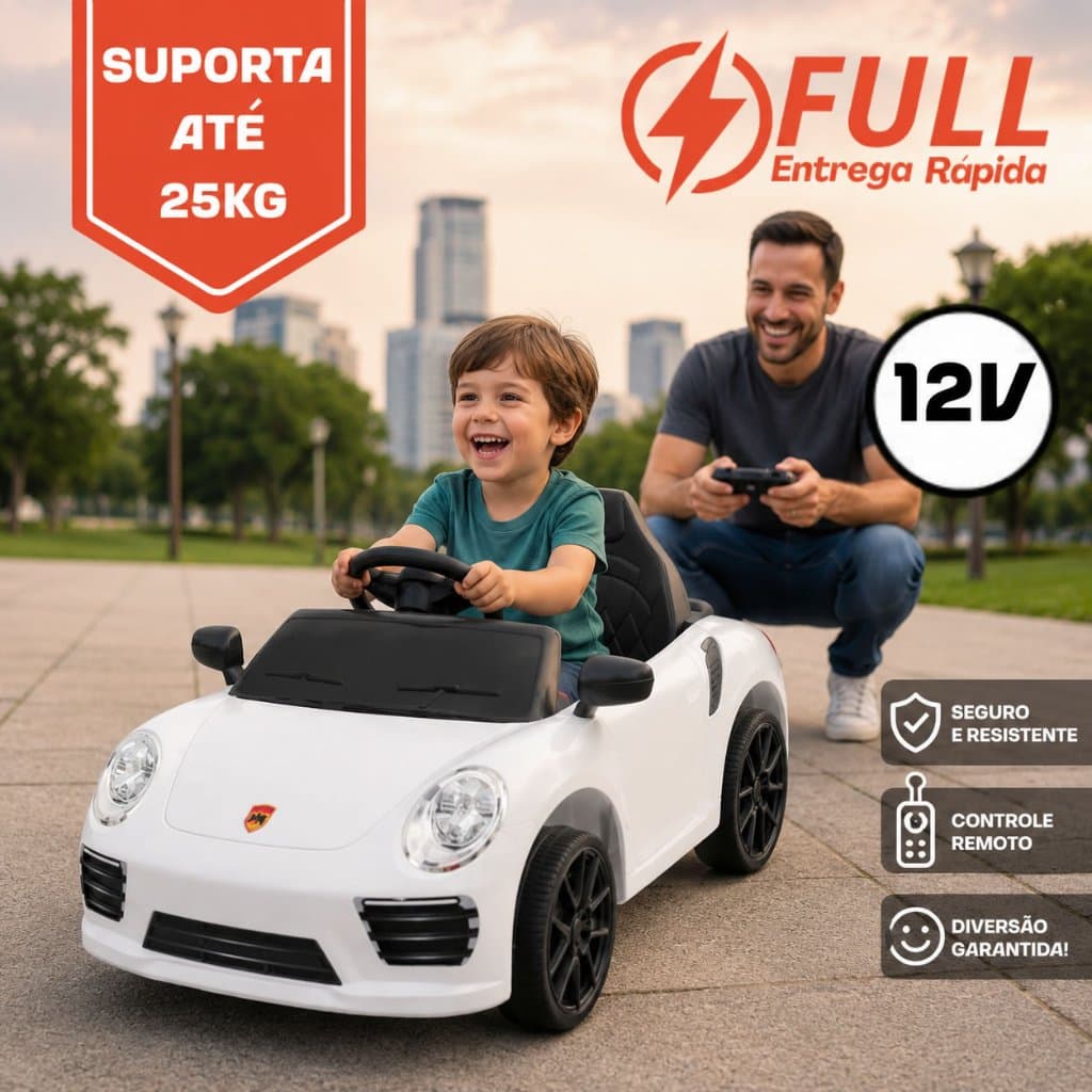 Mini Carro Elétrico Infantil Motorizado Porsche Luxo Branco Com Som Pen Drive