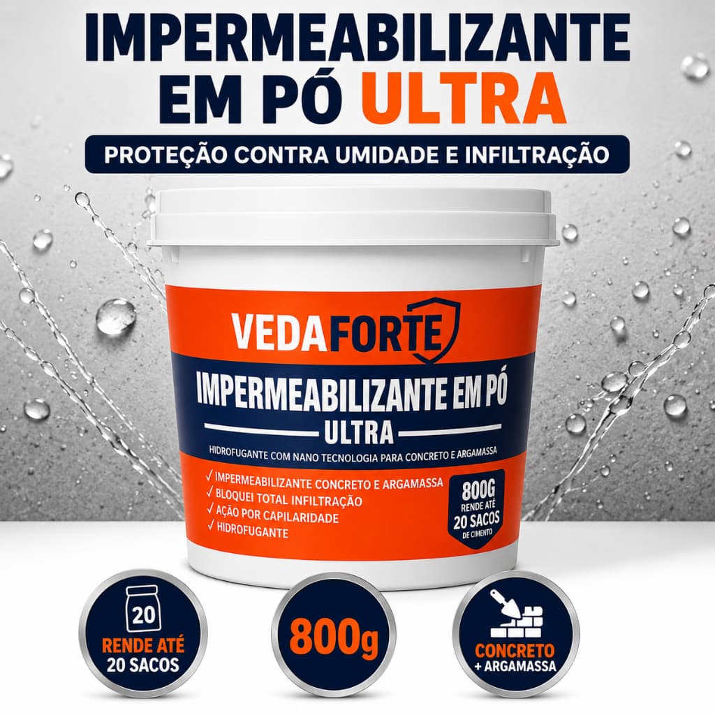 Impermeabilizante Em Pó Veda Forte 800g Anti Umidade Infiltração Concreto Argamassa Rende 20 Sacos