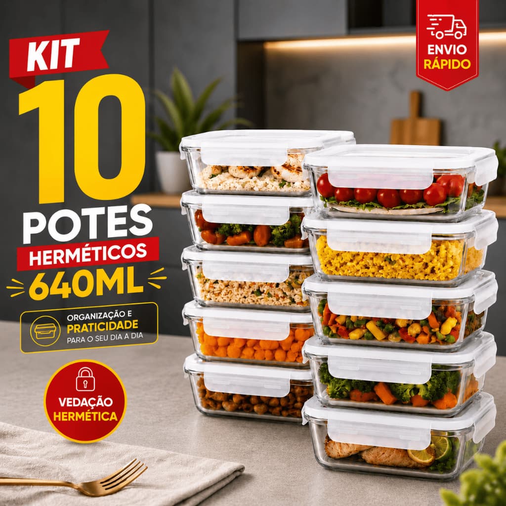 Kit Conjunto 4 até 10 Potes 640ml Vidro Hermético Borossilicato Jogo Marmita Forno Microondas Freezer