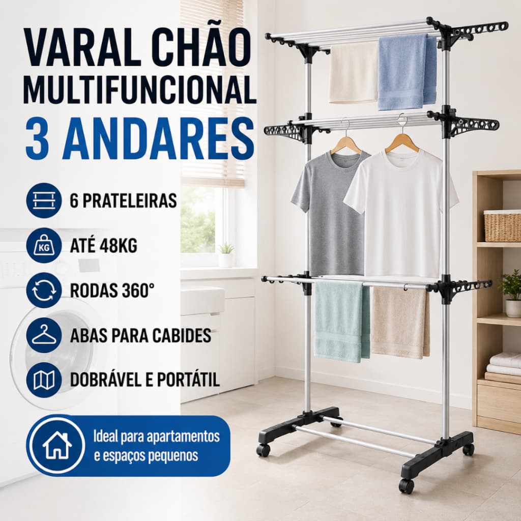 Varal Chão Multifuncional 3 Andares Bandejas Cabideiro Otimização Espaço Secagem