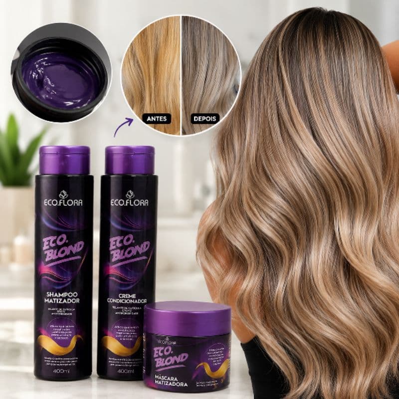 Kit Eco Blond Ecoflora Matizador Shampoo Condicionador Máscara para Cabelos Loiros e Grisalhos