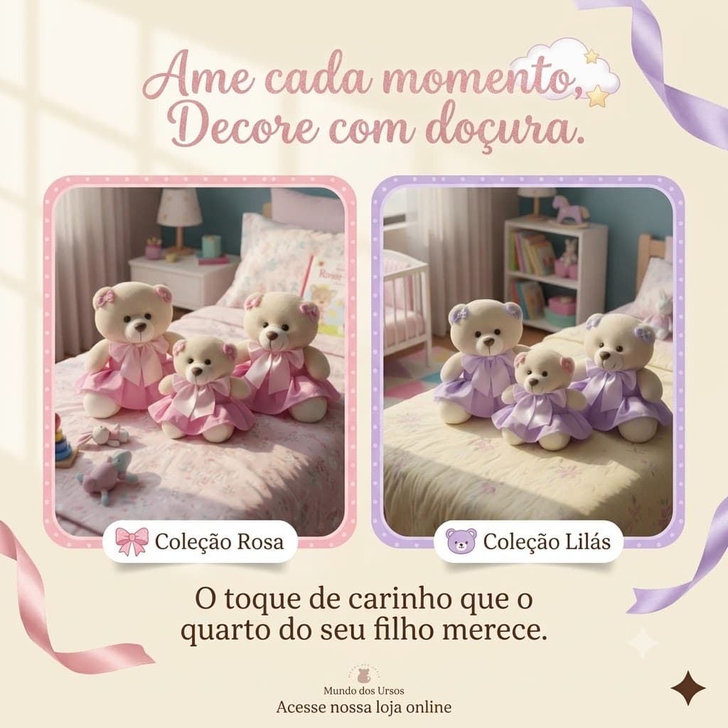 Kit Trio de Ursinhos De Pelúcia Nicho Decoração Para Quarto Bebê Menina Rosa Festa Infantil Urso
