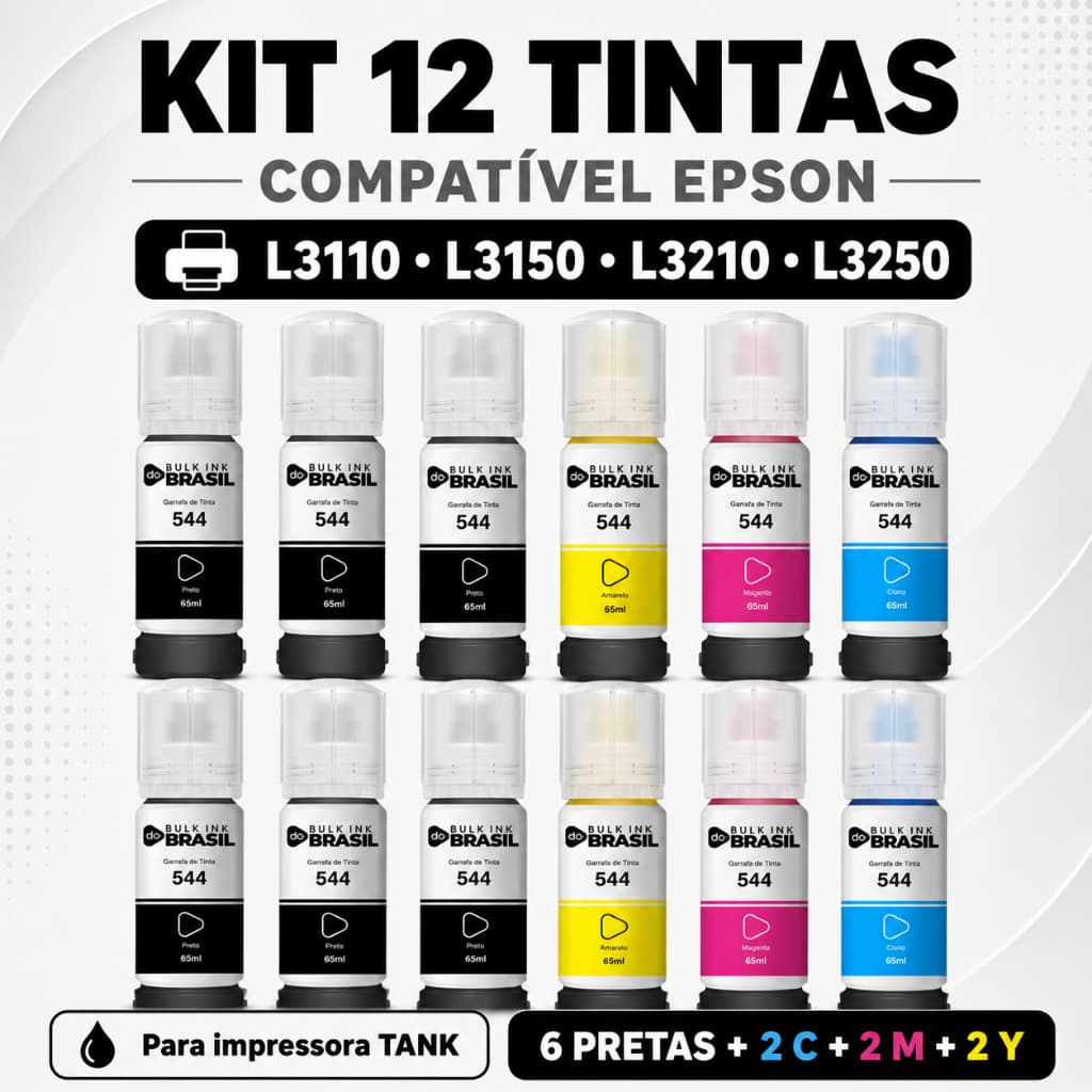 12 Tintas Compatível  impressoras Epson L3110 L3150 L3210 L3250 BK C Y M