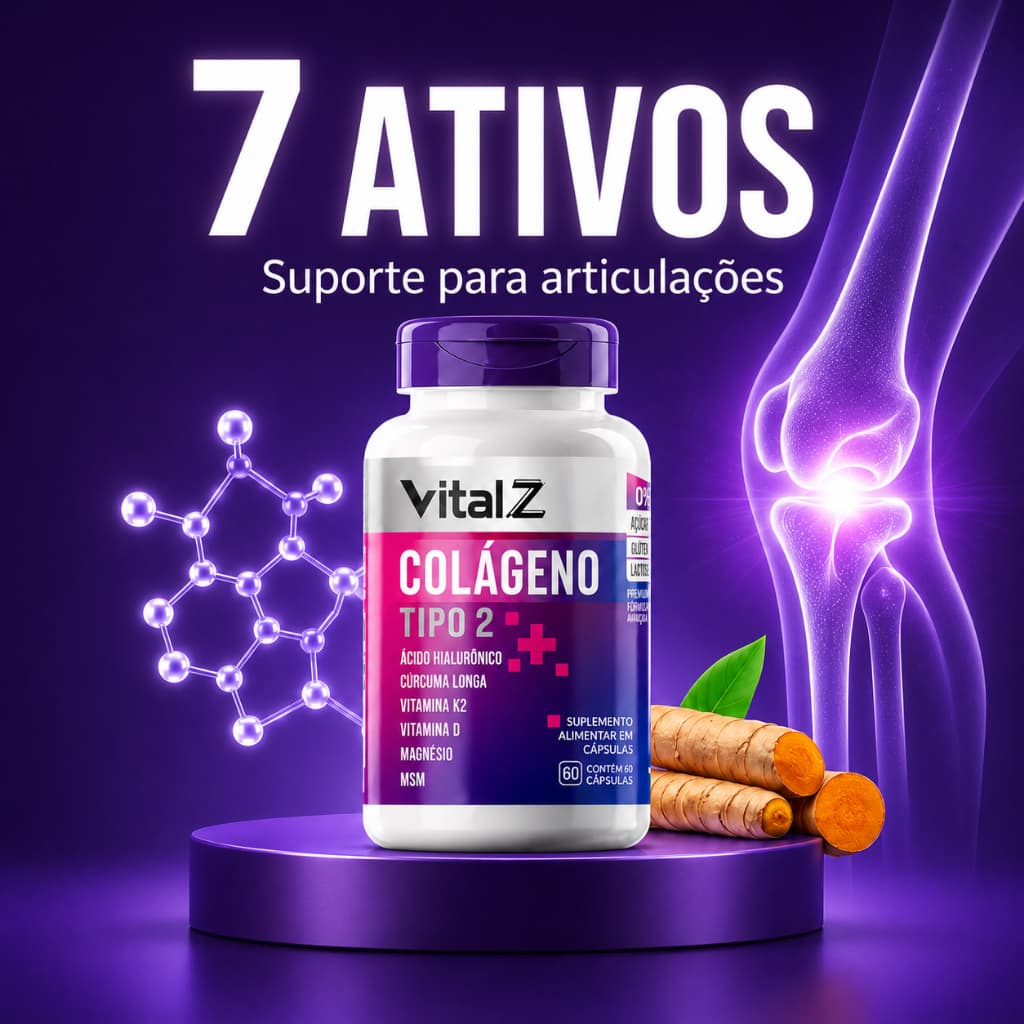 Colágeno Tipo 2 + Ácido Hialurônico + Cúrcuma + Vitaminas K2 e D – 60 Cápsulas Vital Z