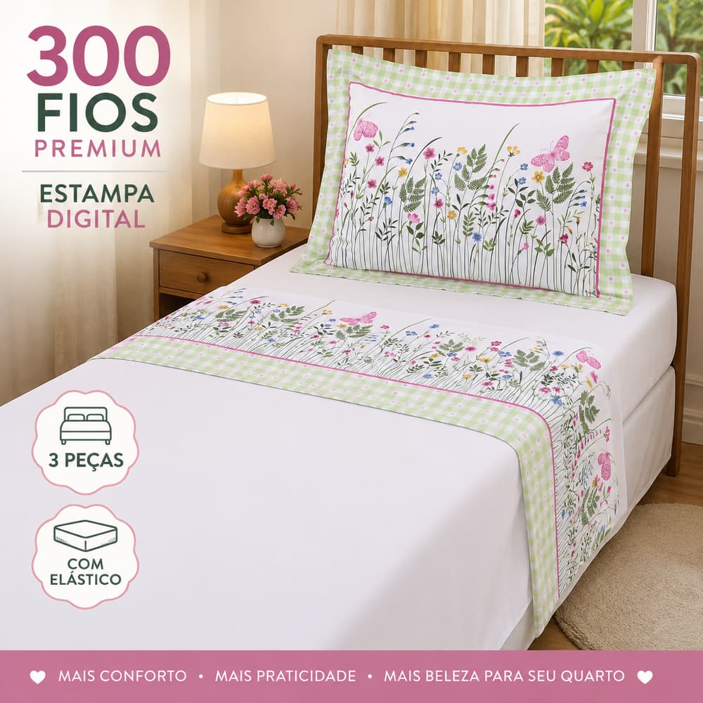Jogo de Lençol Solteiro 3 Peças 300 Fios Estampa Digital Kids Floral com Elástico