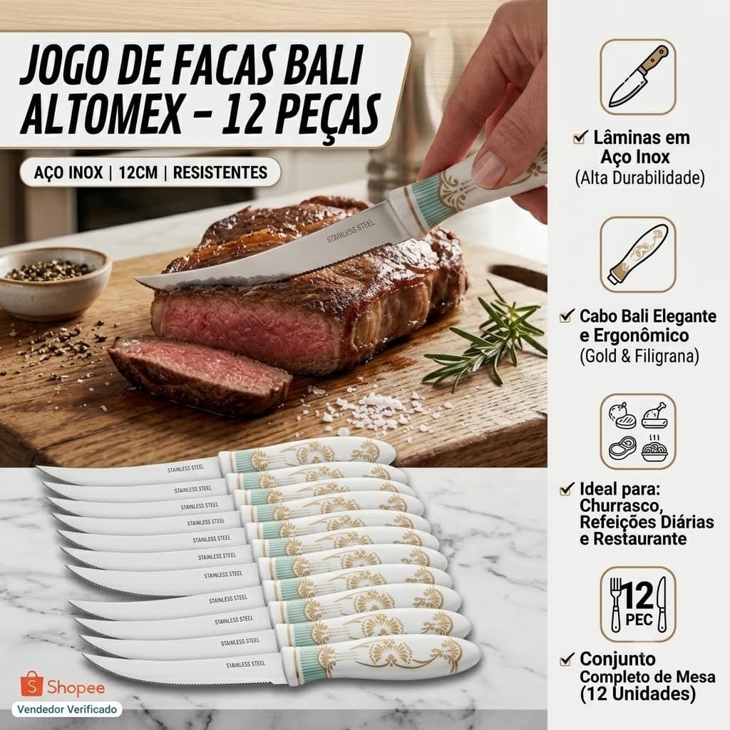 Jogo de Facas de Mesa 12 Peças Aço Inox 12cm Bali Altomex para Churrasco Refeições e Restaurante
