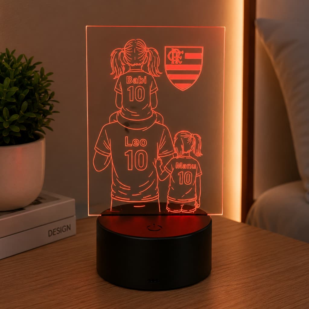 Luminária LED  Pai e Filhos Personalizada , com nomes e escudo do time