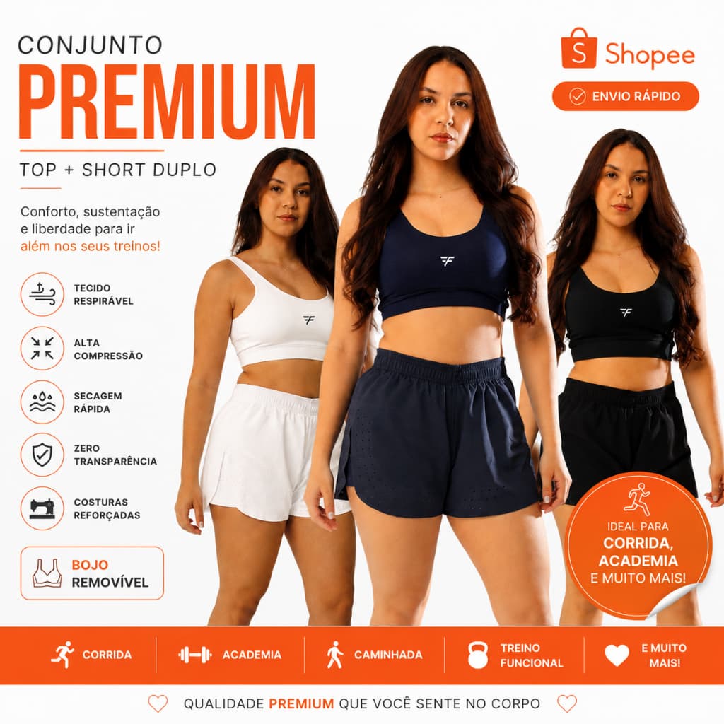 Conjunto Fitness Feminino Short Duplo e Top Poliamida Alta Compressão para Corrida e Academia