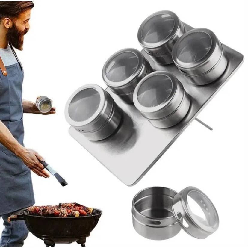 Jogo de 6 Porta Condimentos Inox c/ Suporte Reto