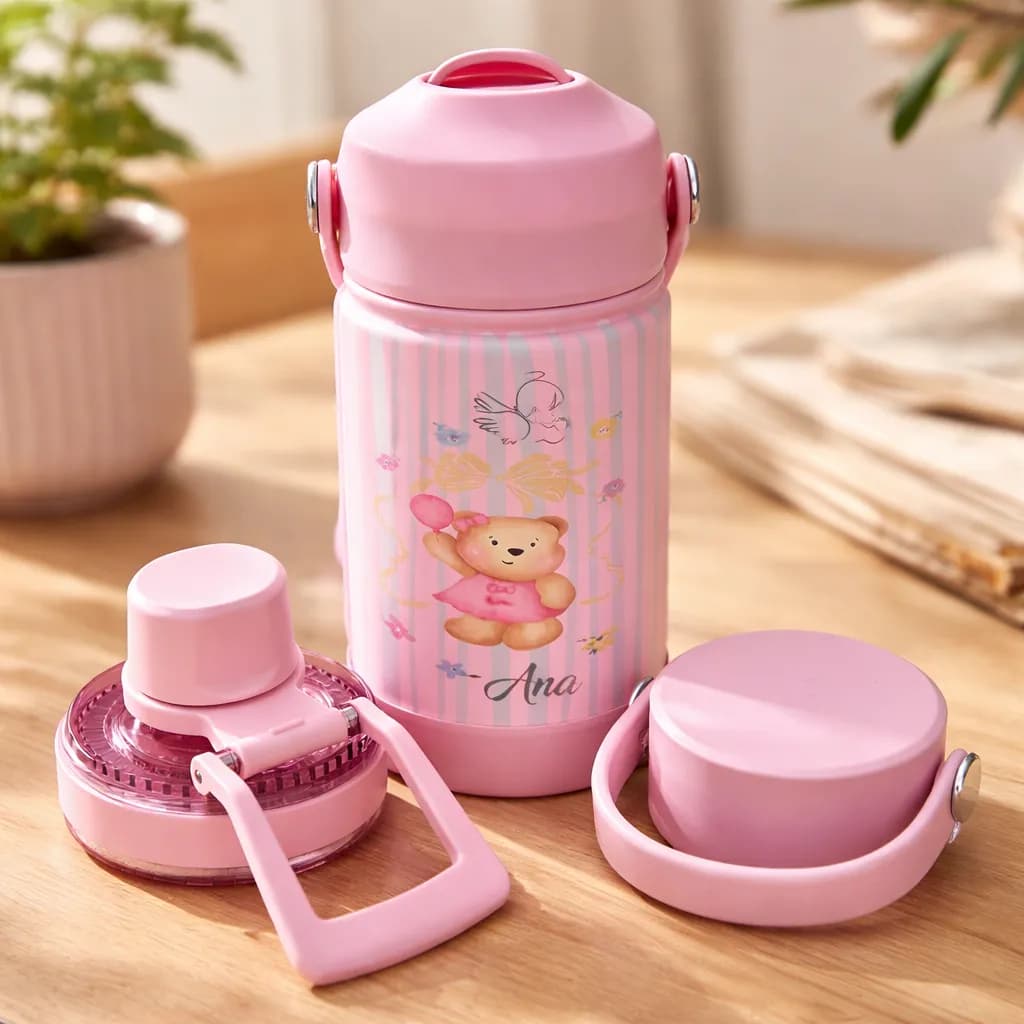 Garrafa Térmica 350ml Escolar Infantil Creche Rosa Premium Com Nome Escrito Personalizada