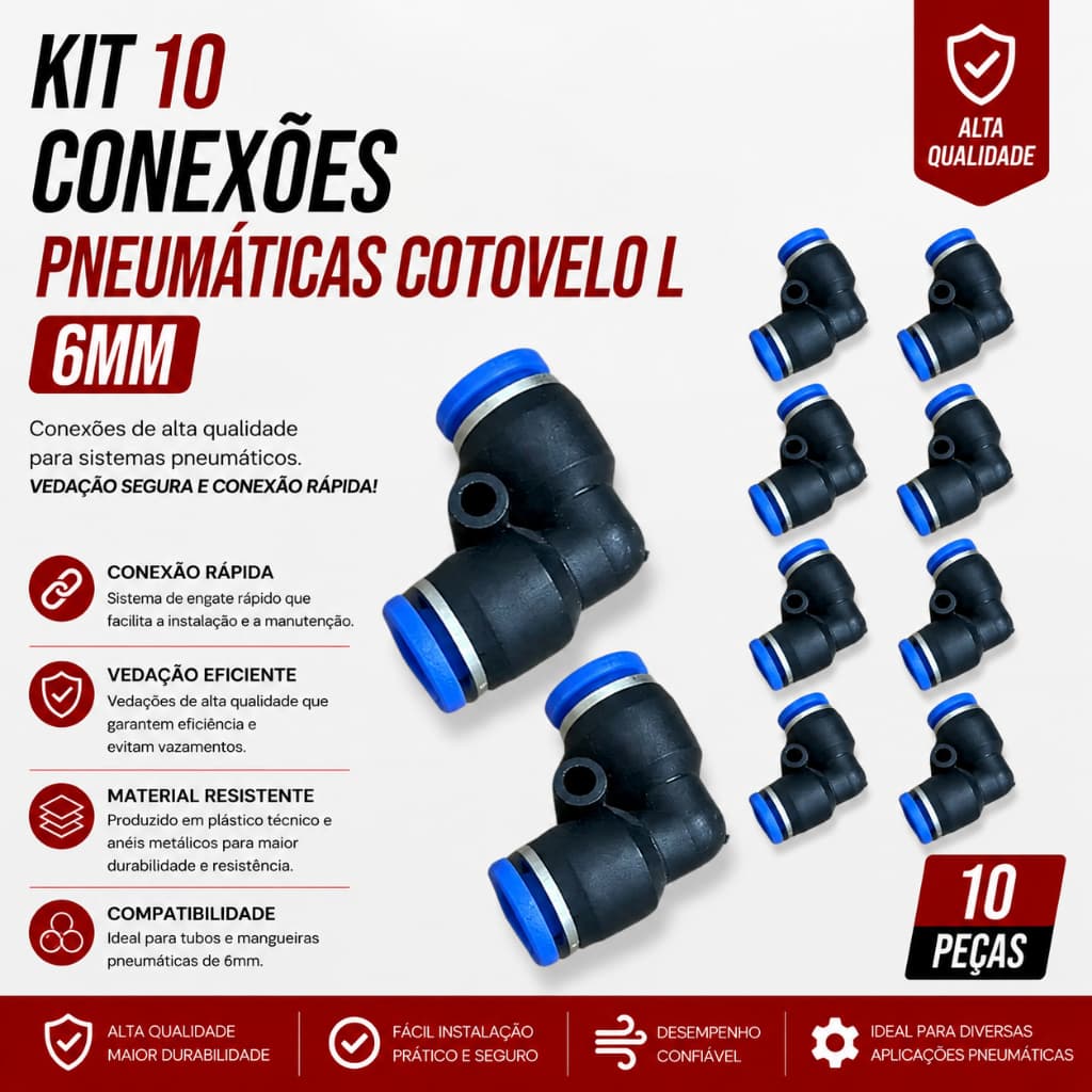 Kit 10 Conexões 6mm em L Cotovelo Pneumático 90° Engate Rápido Para Tubos de Nylon