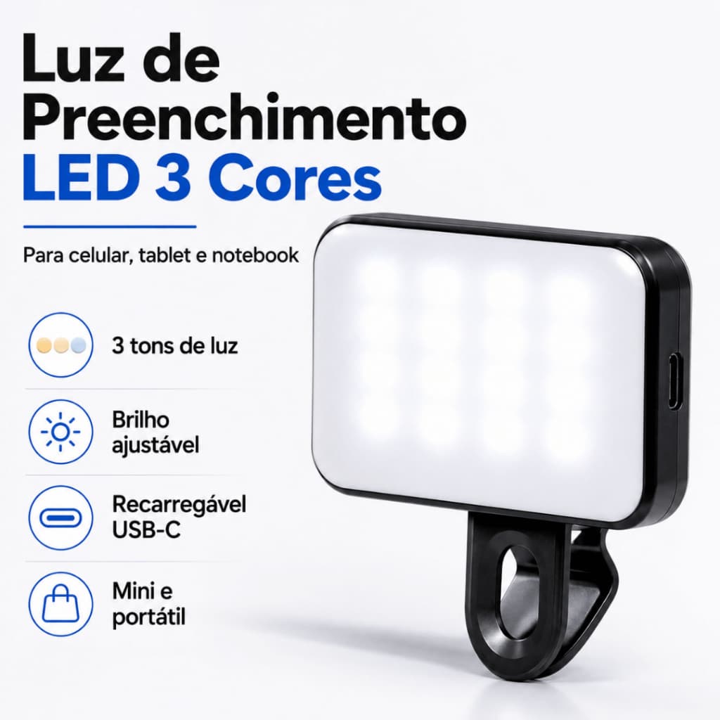 Luz de Preenchimento LED 3 Cores USB-C Recarregável 24 LEDs Para Celular Tablet