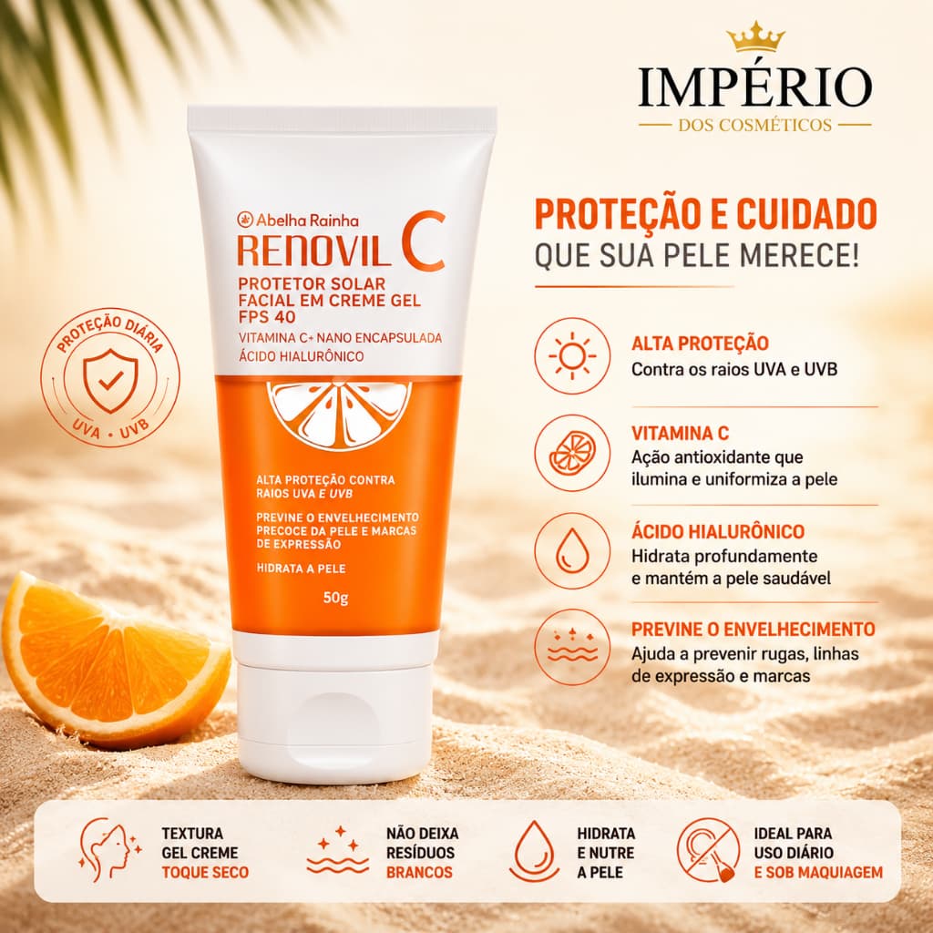 Protetor Solar Facial Gel FPS 40 Com Vitamina C Nano Encapsulado Ácido hialurônico Renovil C Abelha Rainha 50g