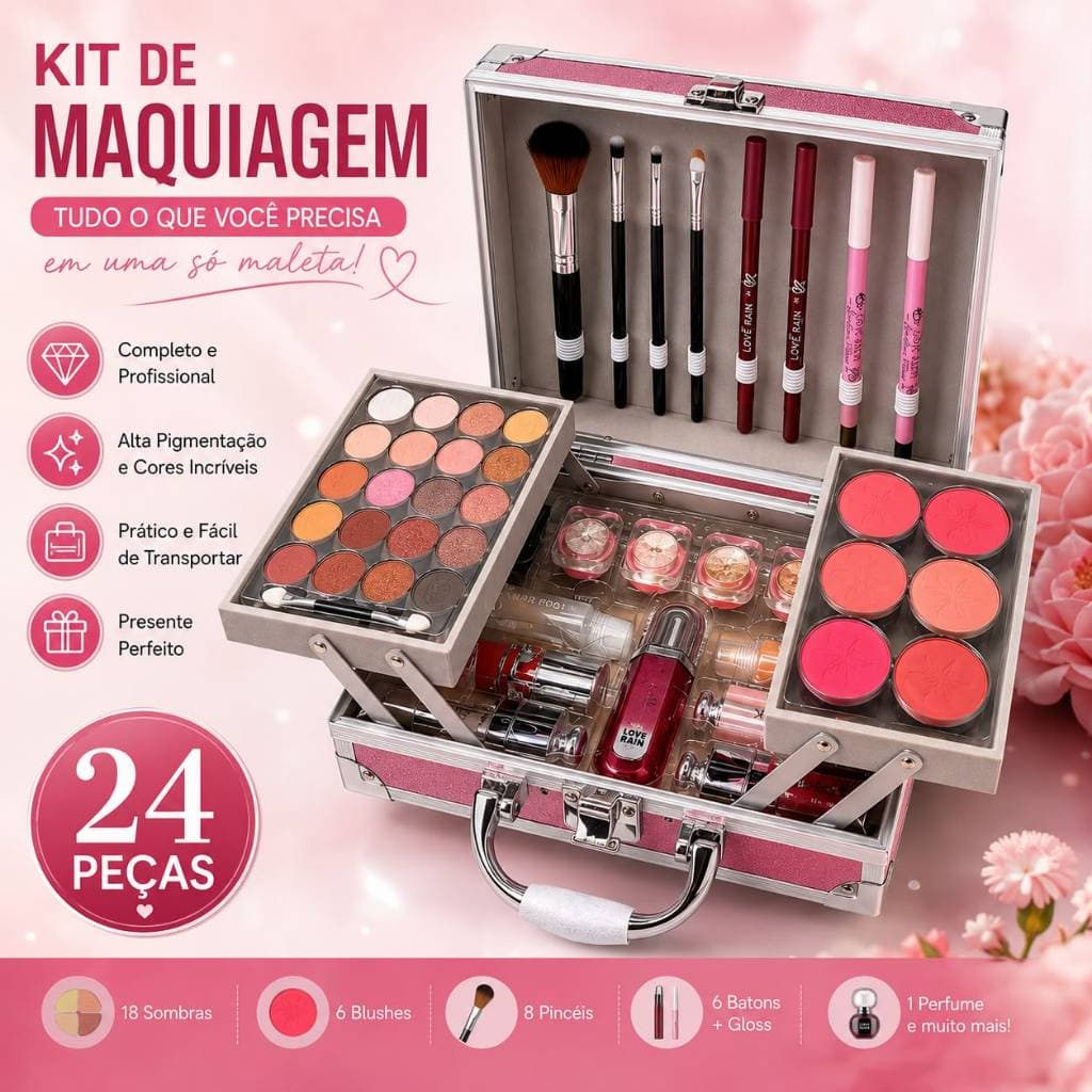 Maleta de Maquiagem Completa 24 Peças Profissional com Sombras Blush Batons Presente Feminino