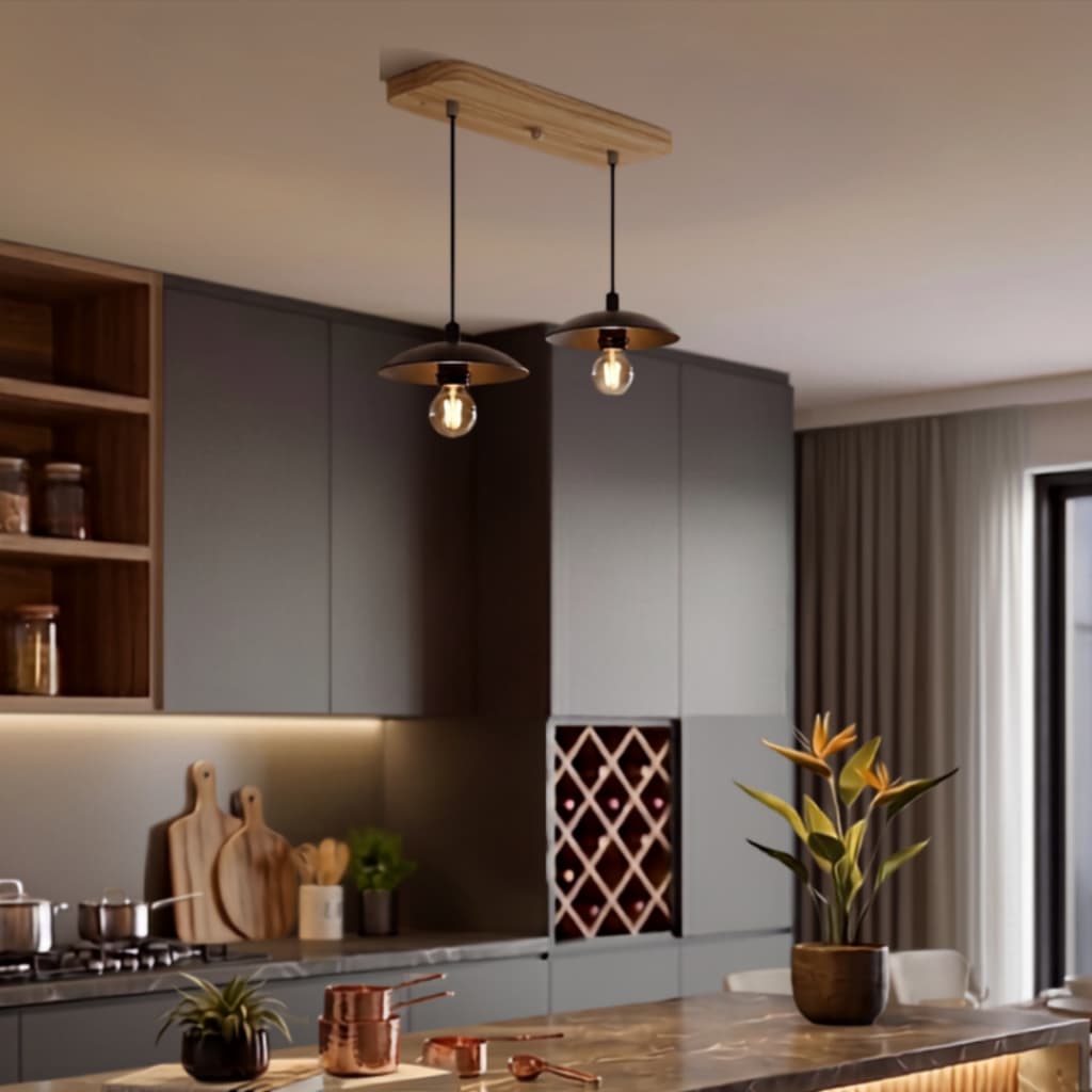 Luminária Lustre Pendente Teto Duplo Alumínio Oriental Suporte Madeira Pinus E27