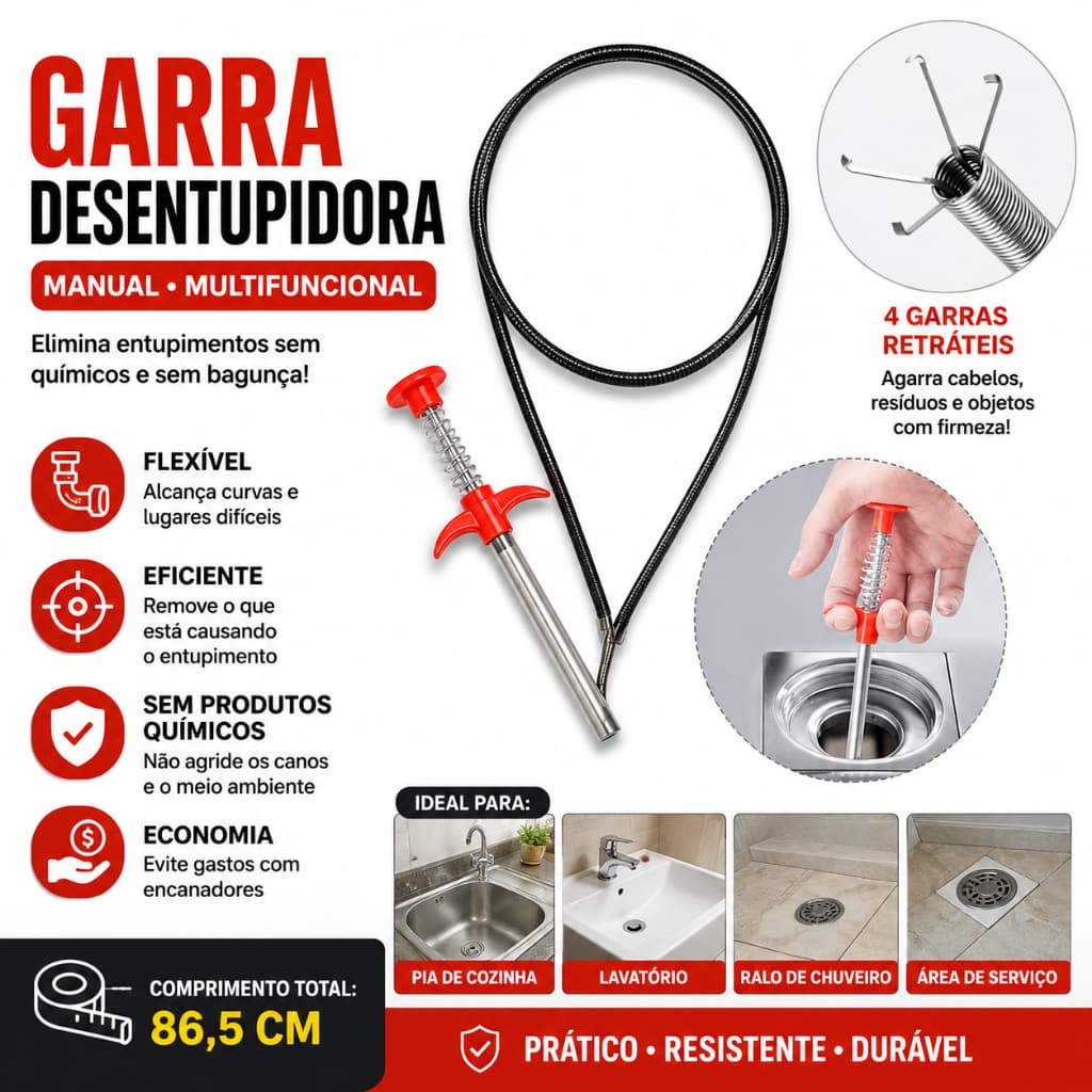 Garra Desentupidora de Ralo 86,5cm Flexível Manual 4 Garras Para Pia Cano Banheiro Cozinha Removedor de Cabelo