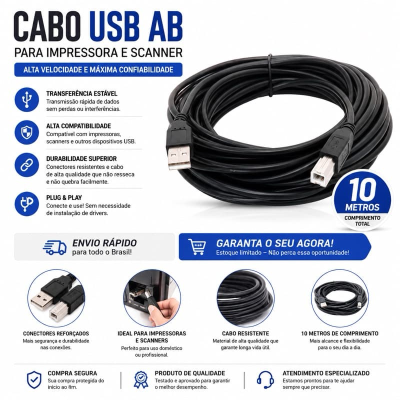 Cabo USB para Impressora Scanner 10 Metros USB 2.0 AB