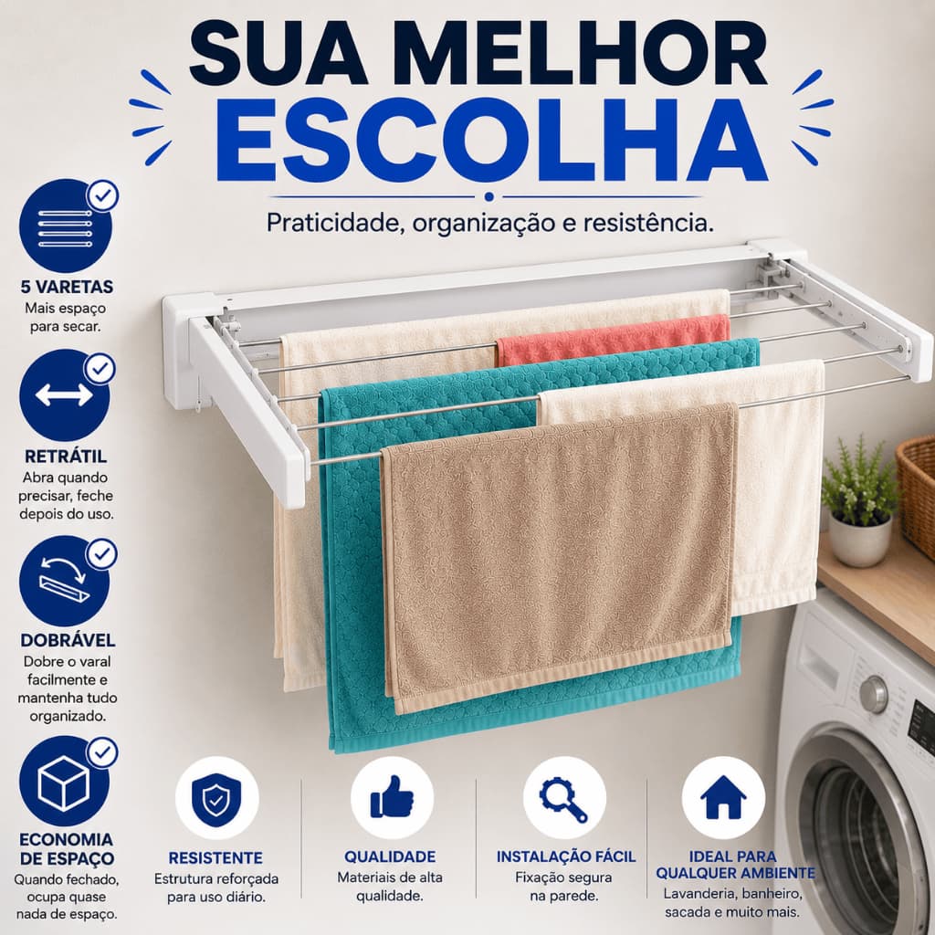 Varal Retrátil Dobrável 5 Varetas Branco Parede Lavanderia Apartamento Compacto