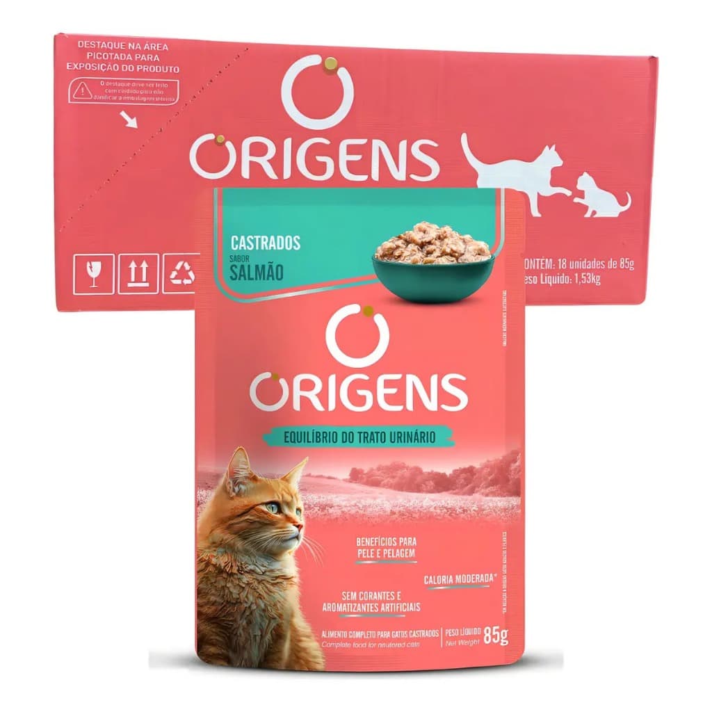 Sachê Origens Gato Adulto Castrado Salmão 85g Caixa 18un