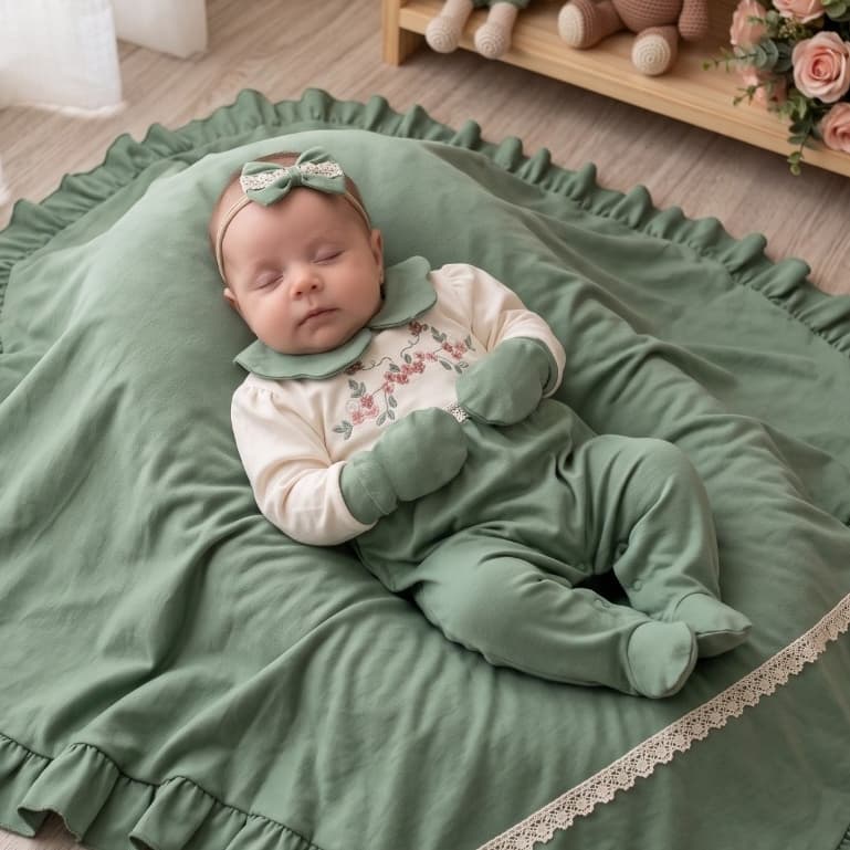 Saída de Maternidade Bebê Menina Luxo Verde 04 Peças Bordado Flores Malha Premium Confortável