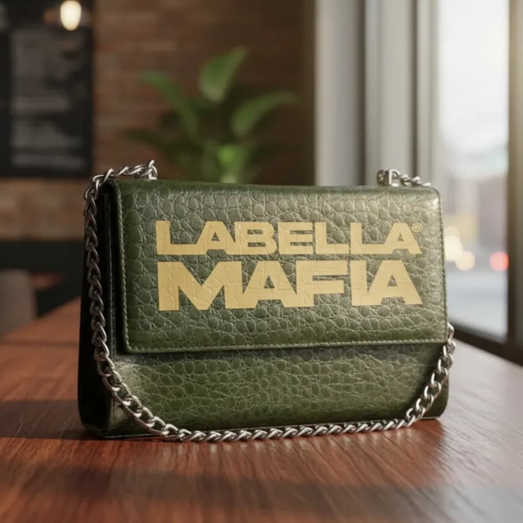 bolsa labellamafia feminina verde escuro com logo dourada, bolsa de mao labellamafia, bolsa lateral labellamafia.