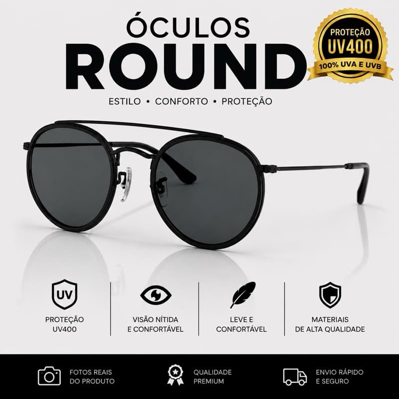 Óculos de Sol Redondo Masculino e Feminino UV400 Premium Armação Metálica Leve e Elegante