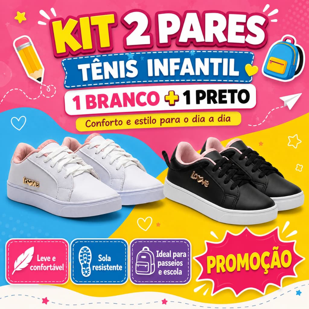 Kit 2 Pares Tênis Infantil Menina Escolar Com Visual Moderno E Acabamento Diferenciado