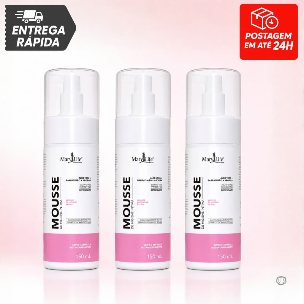 Kit C/3 Mousse Higiene Íntima Aloe Vera Barbatimão Aroeira 150ml Limpeza Suave e Refrescante