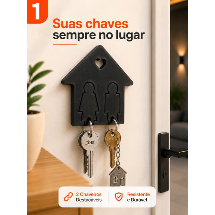 Porta Chaves de Parede Organizador de Casal Decorativo com Chaveiros Encaixáveis Fixação Adesiva ou Parafuso