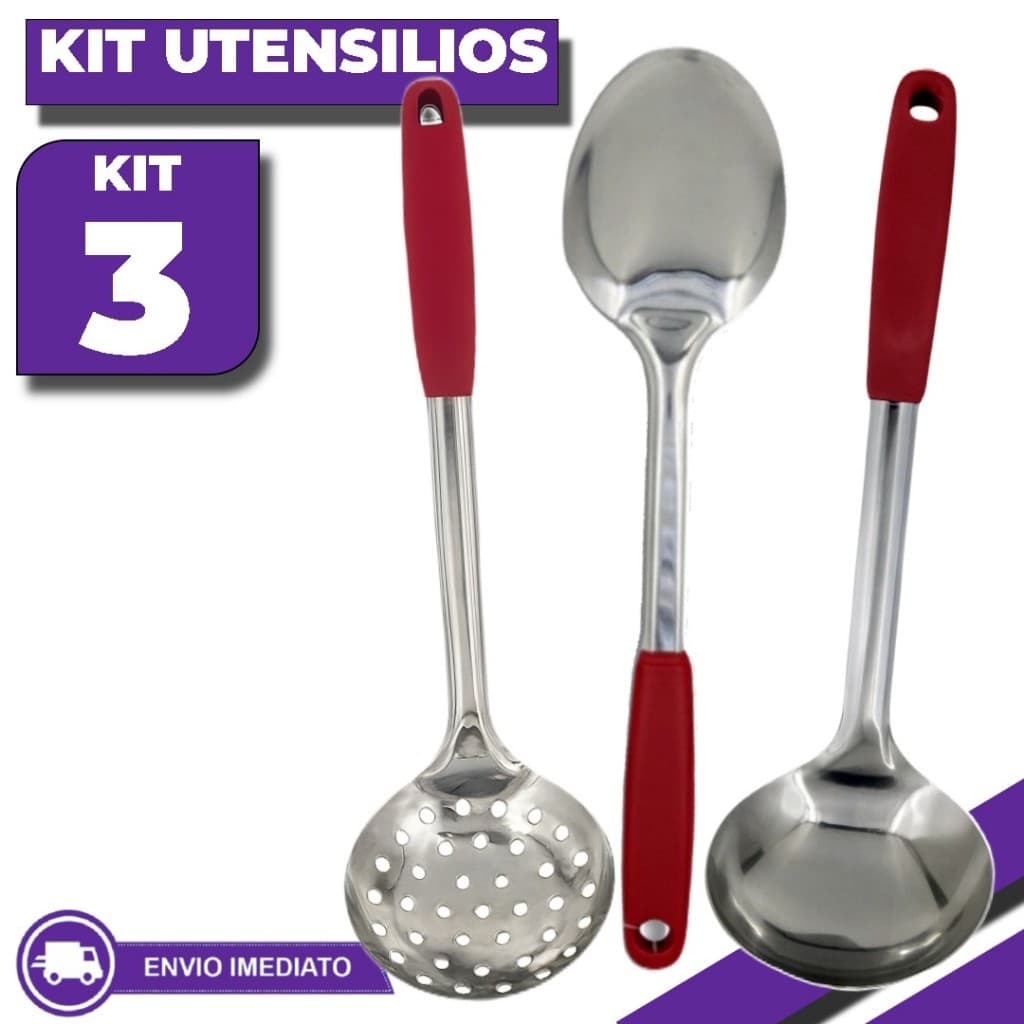 Kit Utensílios de Cozinha Inox 3 Peças Colher de Arroz Concha Escumadeira Resistente Durável