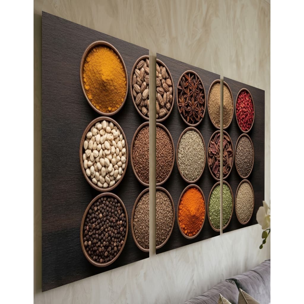 Kit Quadro Mosaico Condimentos Especiarias 3 Telas Decoração Cozinha Parede Sala Jantar Rústico