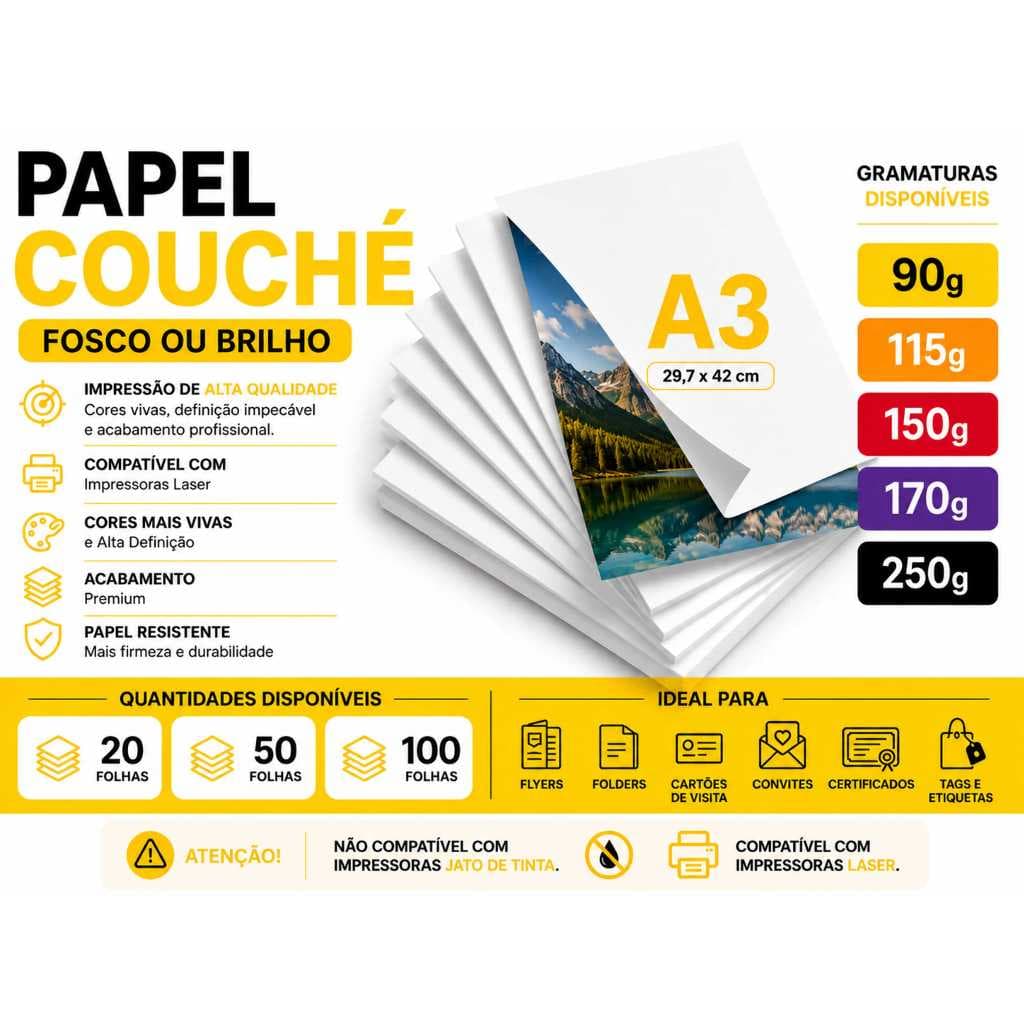 Papel Couché A3 Fosco ou Brilho 90g 115g 150g 170g 250g 20, 50 e 100 Folhas