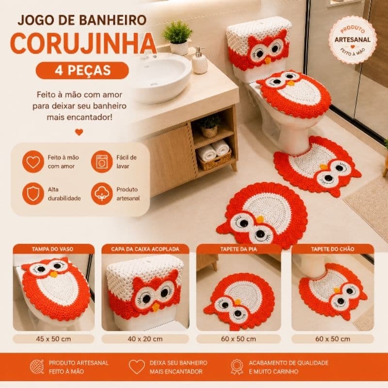 Jogo de banheiro em crochê 4 peças Corujinha 💙