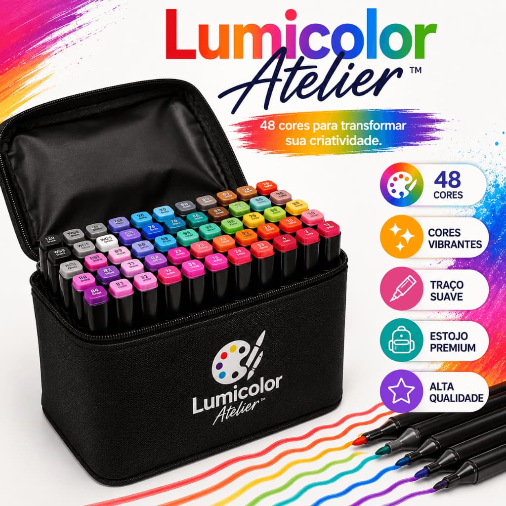 Kit 48 Canetas Hidrográficas para Colorir Lumicolor Atelier com Estojo Organizador Escolar e Artístico