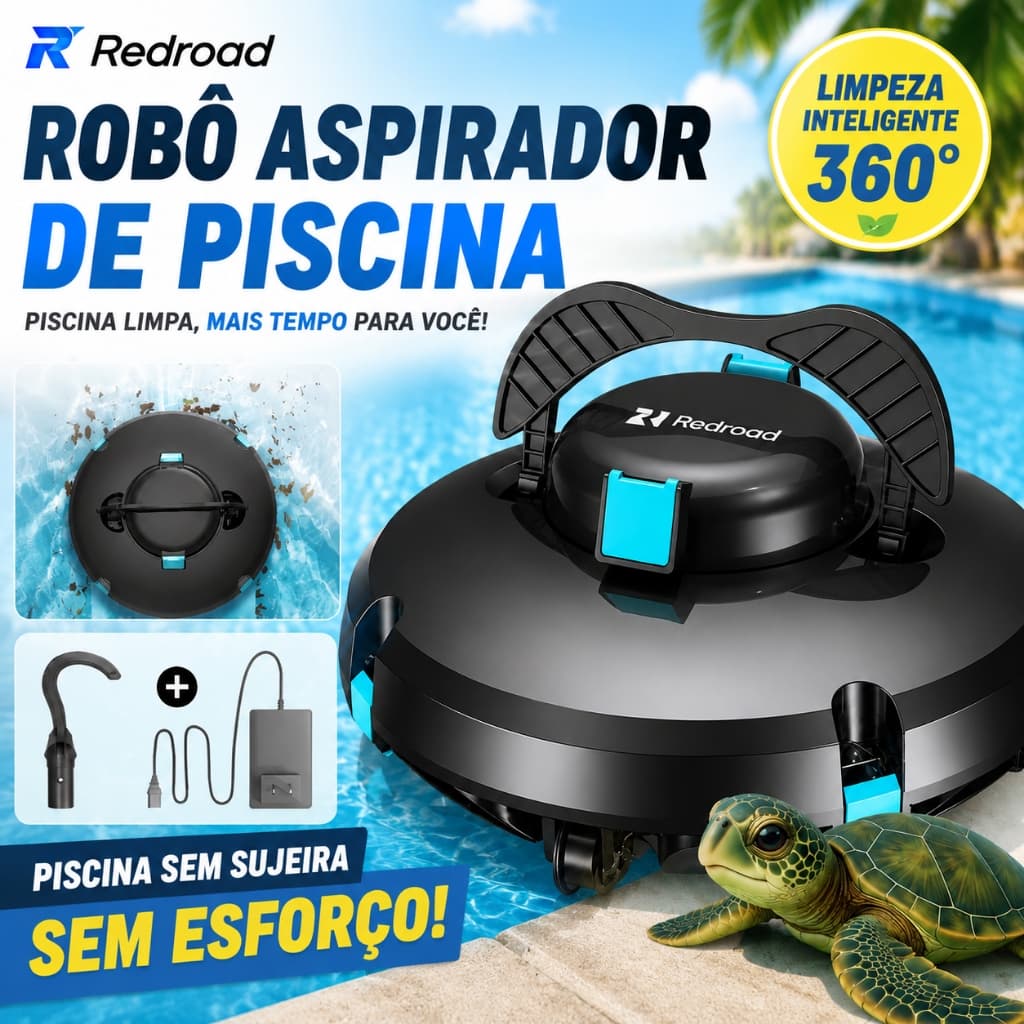 Robô Aspirador Piscina sem Fio Inteligente 150Min  Limpeza Automática Piscinas Até 120m² Redroad S1