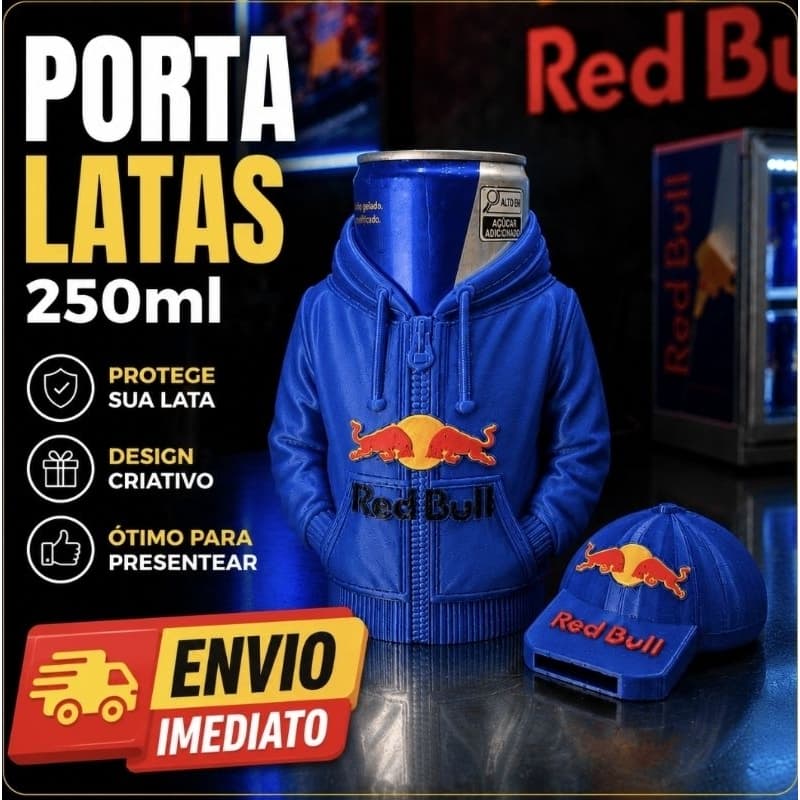 Kit Porta Latas 250ml + Tampa + Abridor de latas Estilo Moletom Red Bull Suporte Decorativo Presente com Envio Imediato