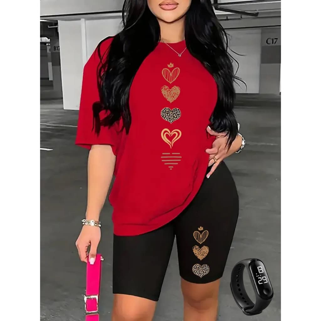 CONJUNTO BERMUDA LEGGINGS+CAMISETA FEMININO ACADEMIA VERSATIL CORAÇÕES+ RELOGIO DIGITAL BRINDE