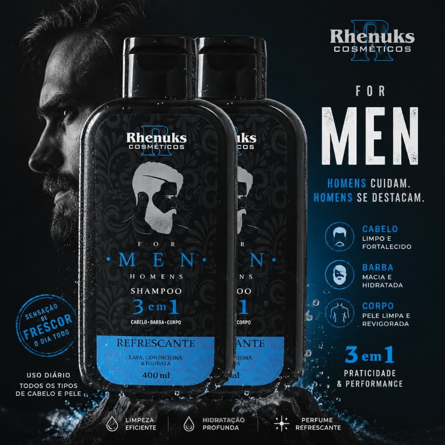 KIT 2 unidades Shampoo For Men 3 em 1 para cabelo barba e corpo - lava condiciona hidrata- Rhenuks 400ml Homem