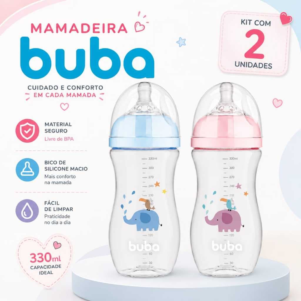 Kit Com 2 Mamadeiras Buba Bebe 330 Ml Com Bico De Silicone Textura Sedosa Seguro Mamadeira Para Bebe