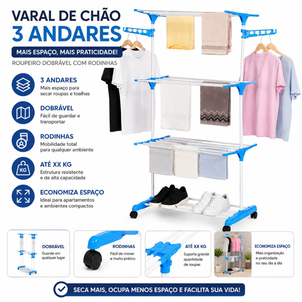 Varal De Chão Triplo Com Suporte Eprateleiras Organizadores Azul