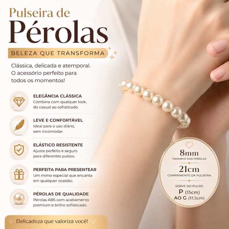 Pulseira Pérola ABS 8mm Elástica Bracelete Feminino Delicado Premium